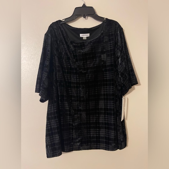 Calvin Klein Plus Size Velvet Printed Crew Neck Elbow Sleeve Draped Top 3X - Picture 2 of 5